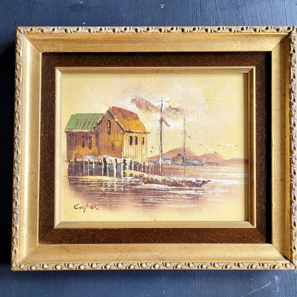 Vintage Mid-Century Original Framed Painting - Boat and water scene - Picture 1 of 16